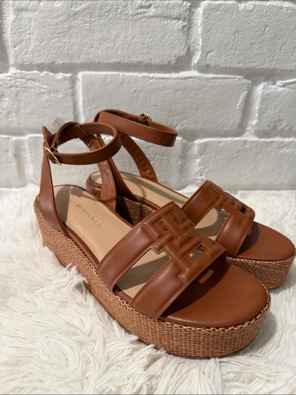 Tommy Hilfiger Tan Brown Platform Ankle-Strap Sandals